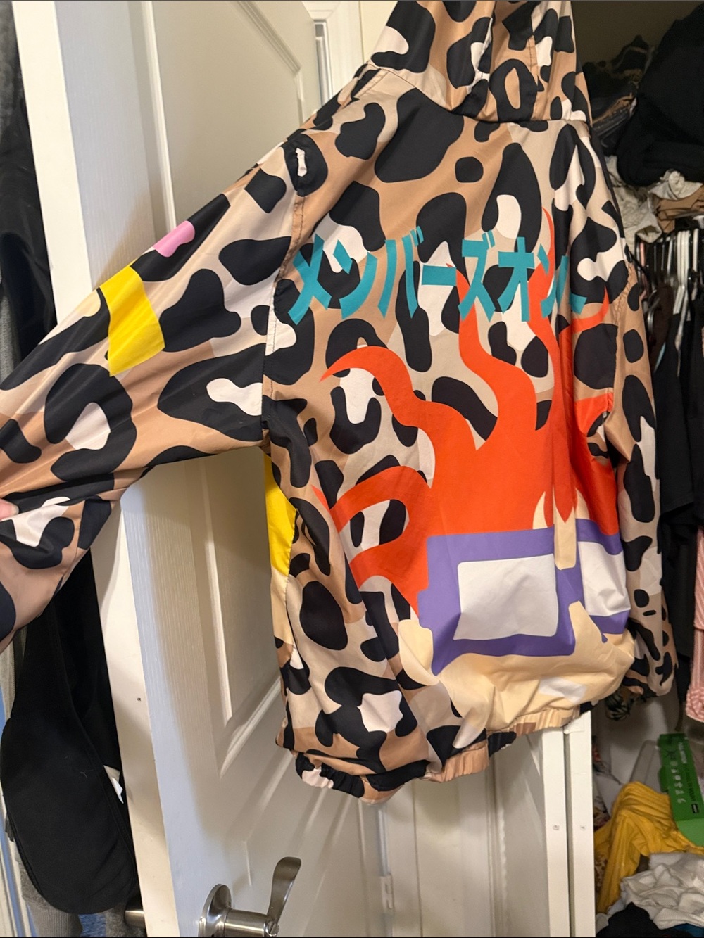 Leopard Print Graphic Windbreaker Jacket with Multicolor Flame DesignThe Rugratz